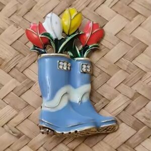 Blue Garden Boot with Tulips Brooch – Whimsical Floral Pin
